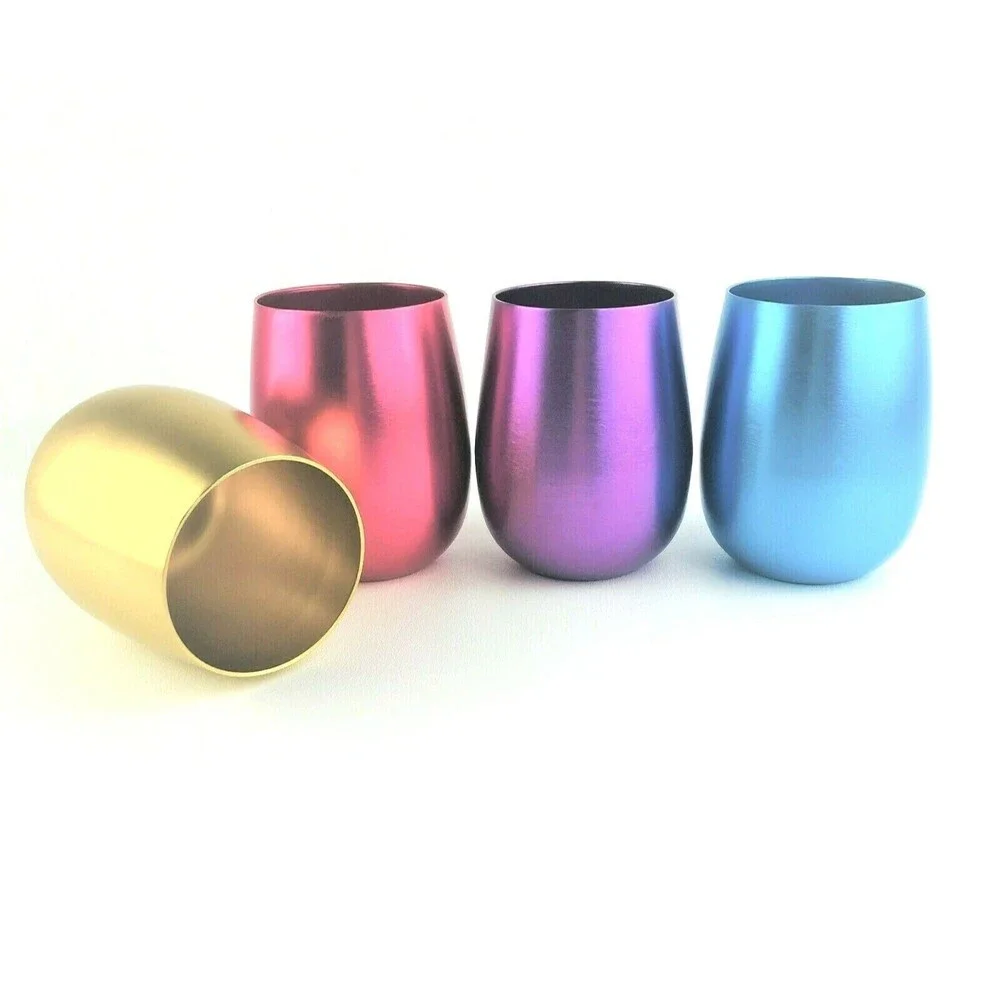 Retro Aluminum Stemless Wine Glasses - Set 4 - Unbreakable Metal Cups 19 oz MCM